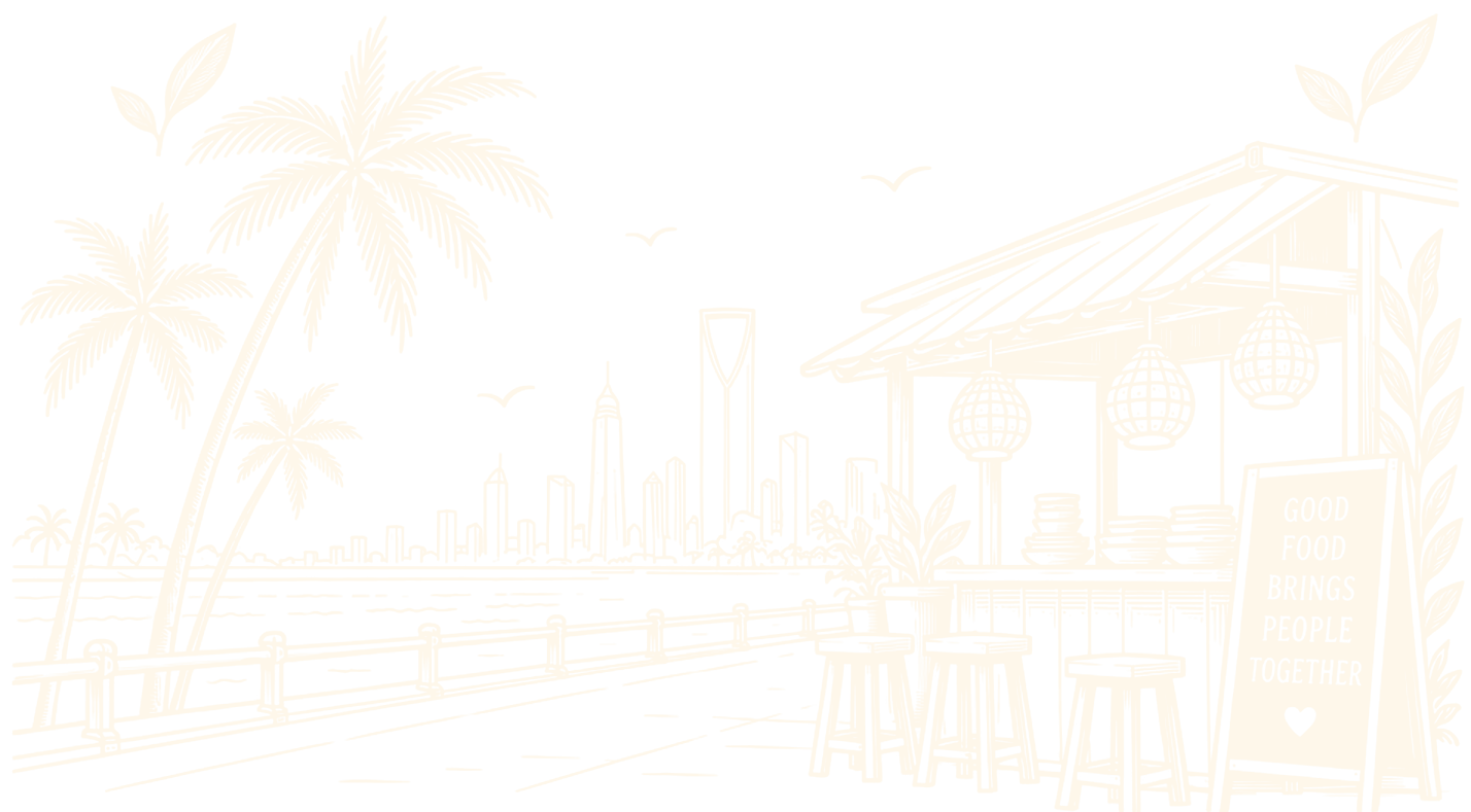 Line drawing of a palm-lined seaside promenade facing the Riyadh skyline, with a street-food stall and a sign reading “Good food brings people together”.